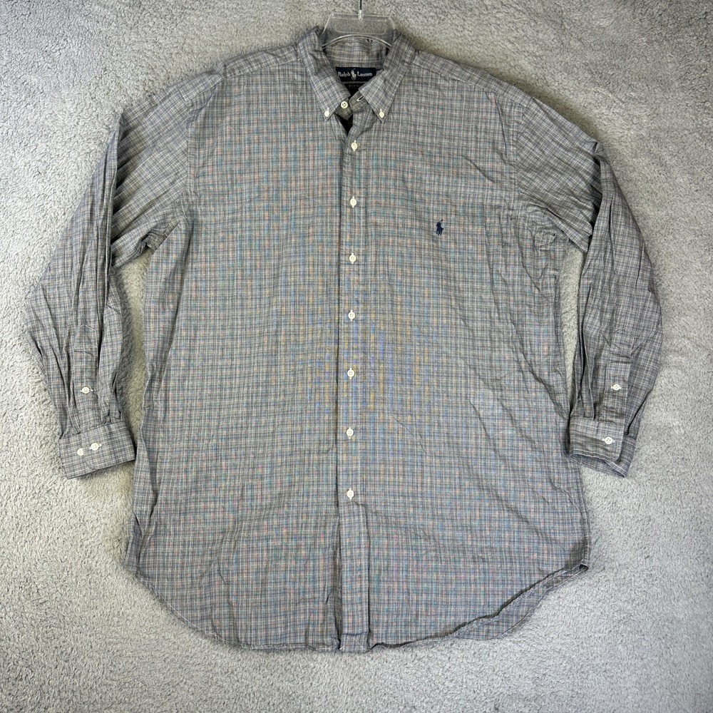 Ralph Lauren Shirt Mens 17.5 35/36 Big Tall Gray Blue Check Long Sleeve‎ Oxford